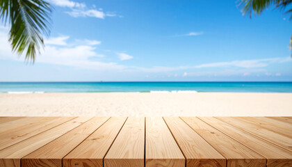 Wooden Plank Floor on Sandy Beach with Calm Sea and Blue Sky &ndash; Summer Product Display