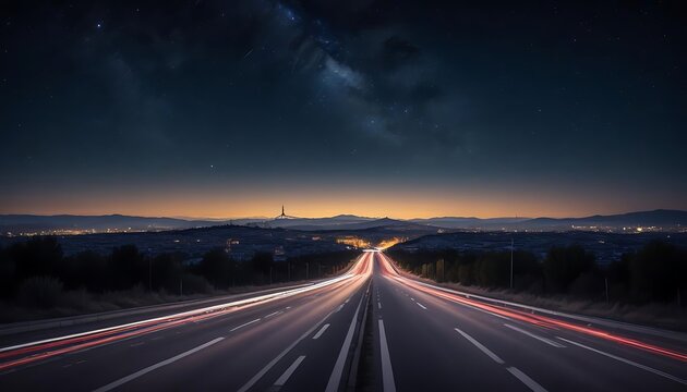 Night Highway to the City: Long Exposure Car Light Trails Under Starry Sky