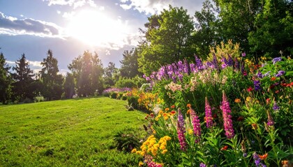 Idyllic garden scene with vibrant lupines and lush greenery under a bright sky