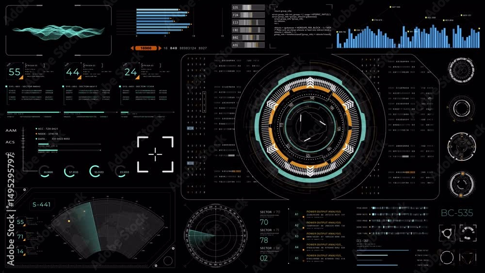 Poster motion graphic of blue digital head up display (hud ui) and circuit panel technology interface scree