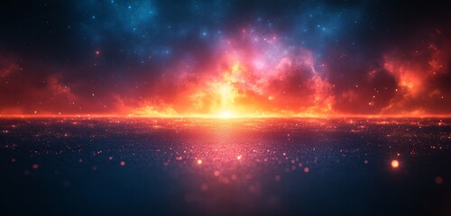 Fototapeta premium Vibrant Cosmic Sunset Red Orange Blue Galaxy Night Sky Sparkle Glitter