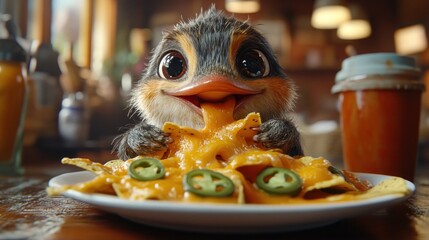 Cute bird enjoying nachos at cafe