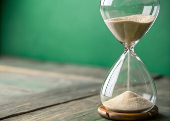 Hourglass with Sand Flowing on Rustic Wooden Table Against Green Background