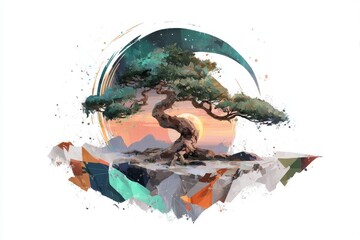 A majestic tree stands at the center of a floating island during sunset, rendered in retro-futuristic lines and vibrant colors reminiscent of Japanese comic cartoons and UKIYO-E woodblock prints, set