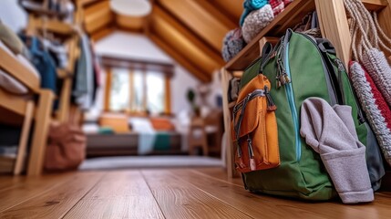 Obraz premium Attic Room Interior Design with a backpack, storage and natural light streaming in