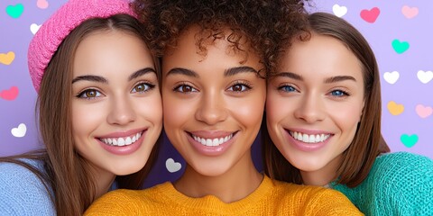 a realistic image of friends on a video call with colorful filters and reactions