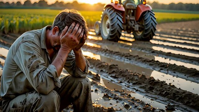 Exhausted Farmer Sitting in Field with Head in Hands After Work