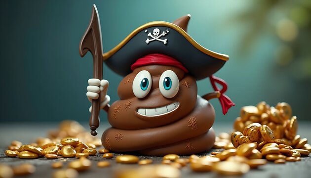 Poop Emoji Pirate with Hook and Gold Coins