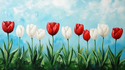 Vibrant tulip arrangement under a blue sky conveys a sense of spring freshness