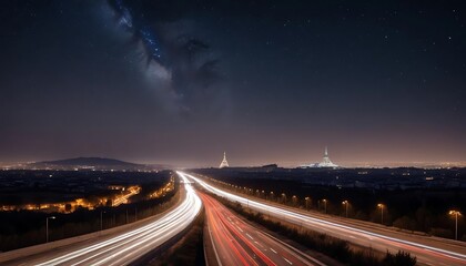 Nighttime Highway with Light Trails and Cityscape Silhouette under a Starry Sky