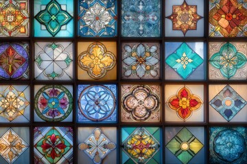 Collection of Stained Glass Tiles With Floral Designs, Evoking Artistic Heritage and Architectural Beauty for Cultural Preservation Projects : Generative AI
