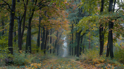 Obraz premium Leaf-strewn path disappearing into the misty distance of a woodland autumn colors paint the canopy with a soft muted light.
