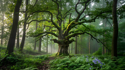Obraz premium Misty forest path leading to an ancient moss-covered oak tree surrounded by lush ferns and wildflowers in dappled sunlight.
