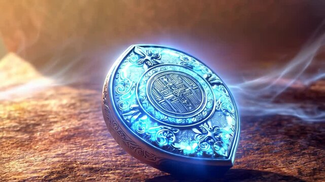 Glowing artifact, metallic ornate talisman resting on rocky surface with soft light and electric blue energy radiating around it.