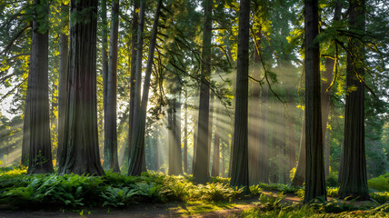 Sunlight streams through tall trees illuminating ferns on the forest floor in a peaceful ethereal scene.