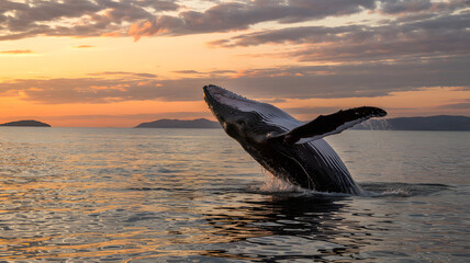 Fototapeta premium A humpback whale breaches the water at sunset with islands silhouetted on the horizon under a sky painted in warm hues.