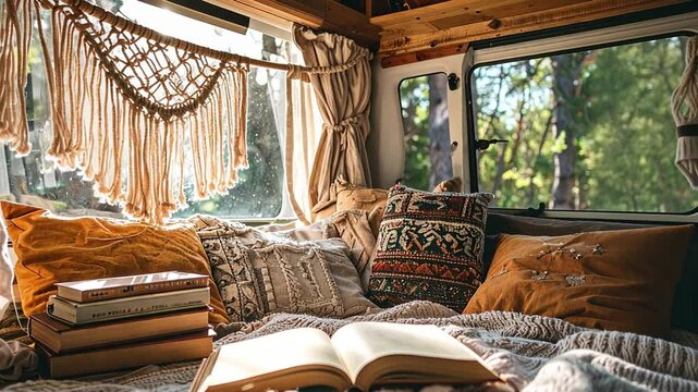 Cozy van interior with sunlight streaming through, featuring books, pillows, and nature outside