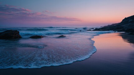 Obraz premium Tranquil Beach at Dusk With Gentle Waves, Evoking Serenity and Coastal Getaways for Travel and Tourism Marketing : Generative AI