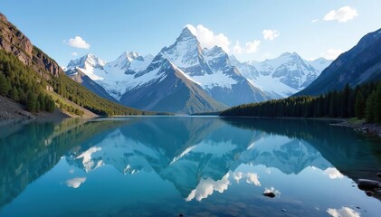 Snow capped Andes peaks reflecting in a glacial lake, Argentina , landscape, alpine lake