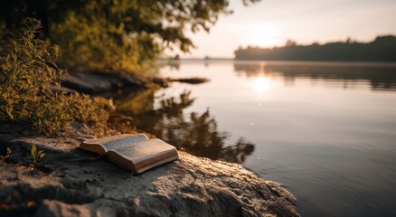 Open Book on Rock by Lake at Sunrise, Symbolizing Faith and Spiritual Reflection For Personal Growth and Inspiration : Generative AI