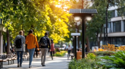 Obraz premium Urban Park with Pedestrians and Solar Powered Lighting Fixtures in Autumn