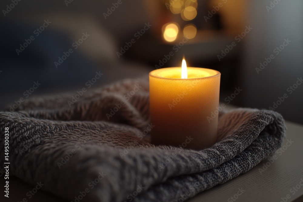 Poster candlelight illuminating a folded blanket on a table, evoking serenity and relaxation for a wellness