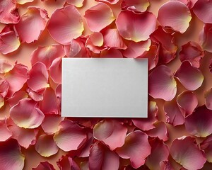 A blank white gift card in a heart made of pink rose petals