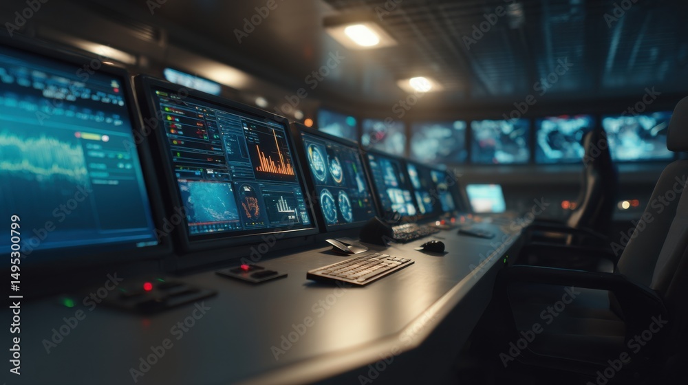 Aufkleber Futuristic Control Room With Multiple Displays Showing Data, Representing Technological Advancement and Surveillance Technology in the Modern Era : Generative AI