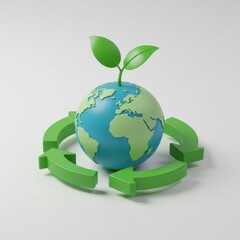 Obraz premium 3D globe with green recycling arrows and plant sprout on top 