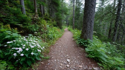 Fototapeta premium Serene forest path with wildflowers and tall evergreen trees
