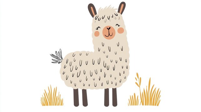 Cute llama illustration, meadow background, kids' book