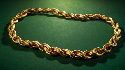 Detailed image of a long braided gold necklace placed against a rich green backdrop.