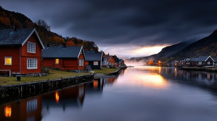 Fototapeta premium Serene Sunset over Norwegian Coastal Village