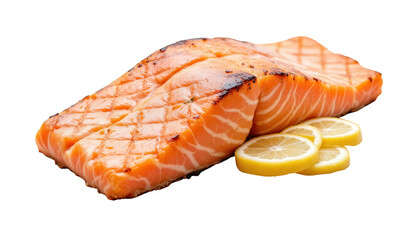 Sumptuous salmon fillet adorned with a zesty lemon slice, culinary delight delicious