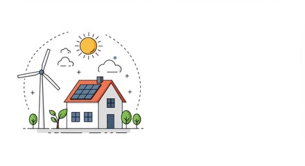 Fototapeta premium Solar-powered house with wind turbine and sun in clean environment 