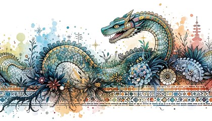Obraz premium Watercolor Dragon Illustration with Flowers and Aztec Border Design