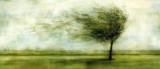 Impressionistic depiction of a lone tree bending in a strong wind on the plain