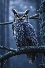 Fototapeta premium Great Horned Owl Perched on Branch in Misty Forest, Symbolizing Wisdom and Nocturnal Awareness for Wildlife Conservation Campaigns : Generative AI