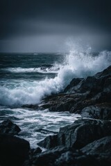 Obraz premium Crashing Waves Against Rocky Shoreline on Overcast Day, Evoking Coastal Resilience and Environmental Awareness, Perfect for Travel and Nature Campaigns : Generative AI