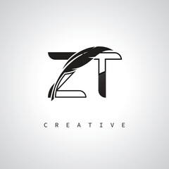 ZT Letter Logo with Feather Pen – Elegant Monogram for Creative Branding and Identity Design