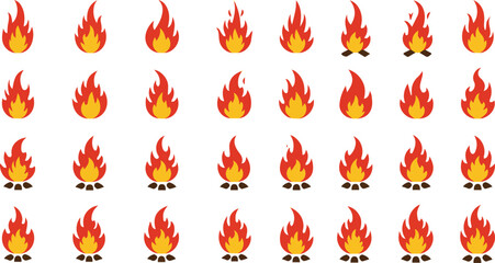 Create a kinds of fire flat icons set, flames, flame silhouette of various shapes ,bonfire vector illustration, with white background.