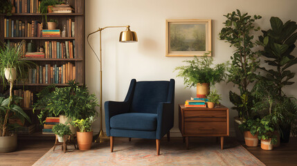 A cozy reading corner with a plush navy blue armchair, a brass floor lamp, and a stack of color-coded books on a vintage side table 68863698 1