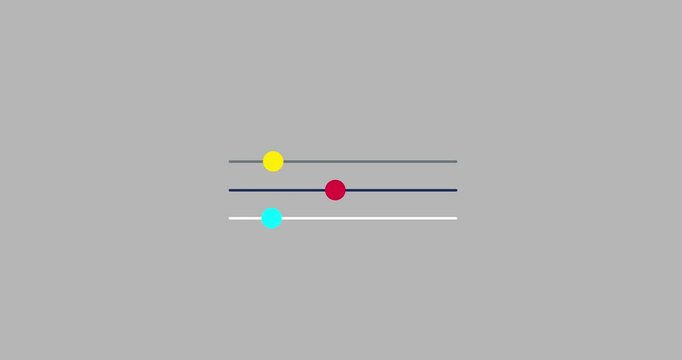 Three cartoon color circle sliders isolated intro. Scrollbars slide switch elements for motion graphic design good as presets background in business education explainer video with people or geometry.