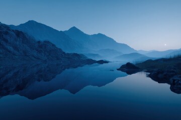 Obraz premium Tranquil Mountain Lake at Twilight Reflecting Peaks, Representing Serenity and Environmental Conservation, Ideal for Travel and Adventure Campaigns : Generative AI