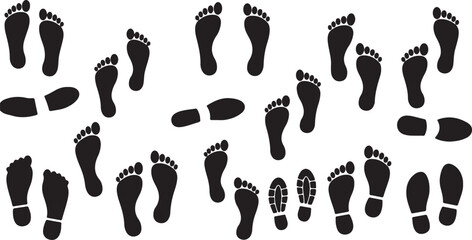 Create a kinds of shoe footprints icon. shoe footprints isolated on transparent background, shoe footprints vector art silhouette with white background.