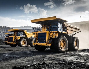 Fototapeta premium Heavy equipment activity in coal mining operations during the day in very hot weather