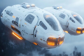 Two white spaceships flying in the sky with orange lights on the side