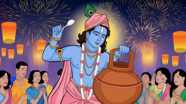 Hindu god character holds a pot while men and women watch during a religious festival with floating lanterns and fireworks in the night sky illustration animation footage.