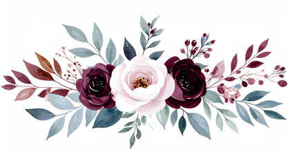 Watercolor floral arrangement featuring pink and burgundy roses with green leaves and berries suitable for decorative purposes in various settings