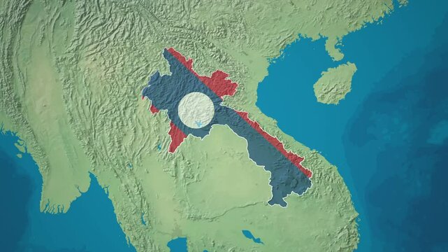 Zoom from Earth to Laos. (Country Flag) Country map animation with highlighted country borders.  Asia Cinematic 3d world map animation highlights aerial views, tourism, and travel. 4k